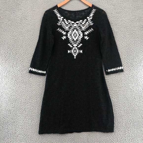 Express Dress Womens Small Black Mini Bodycon Crochet Lace Tribal Aztec Liner - Picture 1 of 10